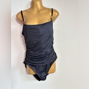 La Blanca Island Goddess One Piece Swimsuit Womens Sz 14 Black Silky Ruche 3417